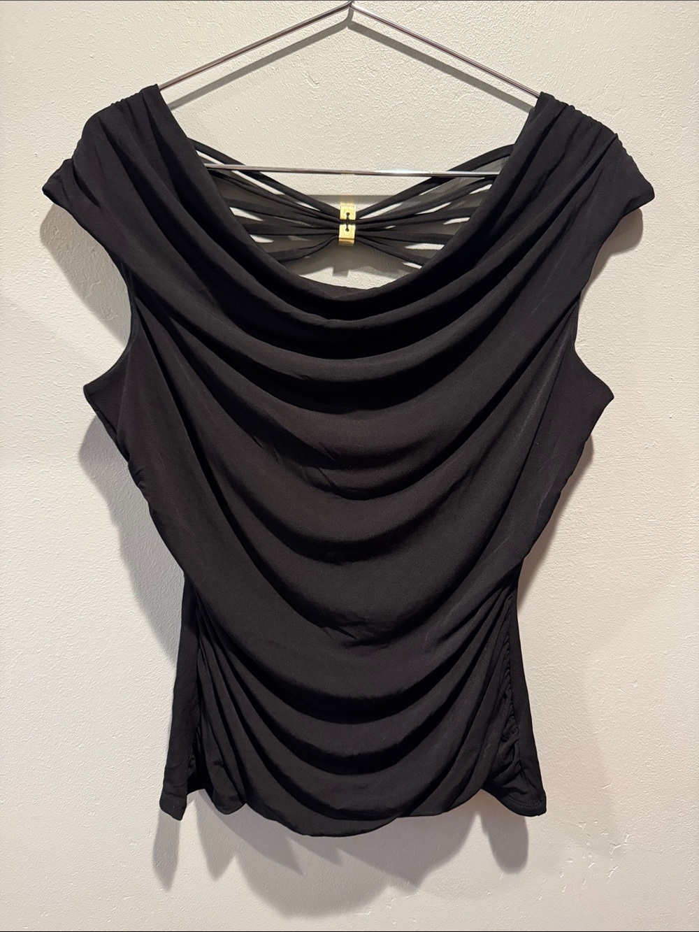 BCX Black Draped Cowl Neck Women’s Sleeveless Top Sexy Feminine Blouse